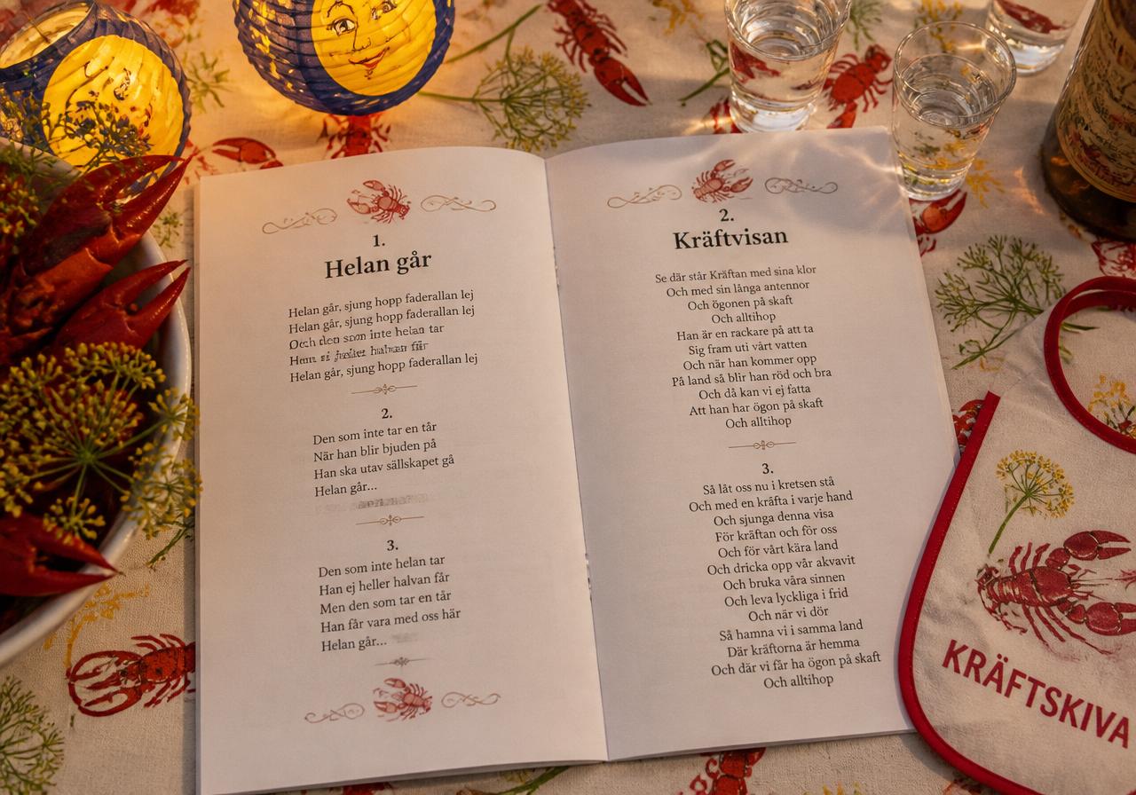 Utskrivet sånghäfte med snapsvisor till kräftskiva — uppslag med Helan går och Kräftvisan på ett bord med kräftor, dill, snapsglas och papperslyktor med Mannen i Månen.