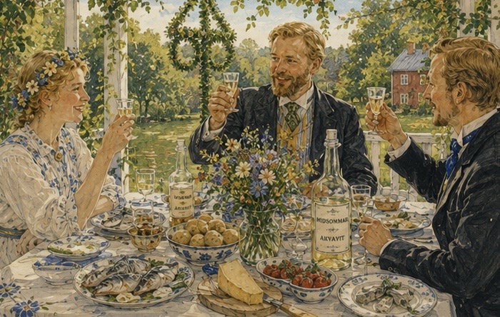 Sällskap som skålar vid en midsommarfest med blommor och akvavit